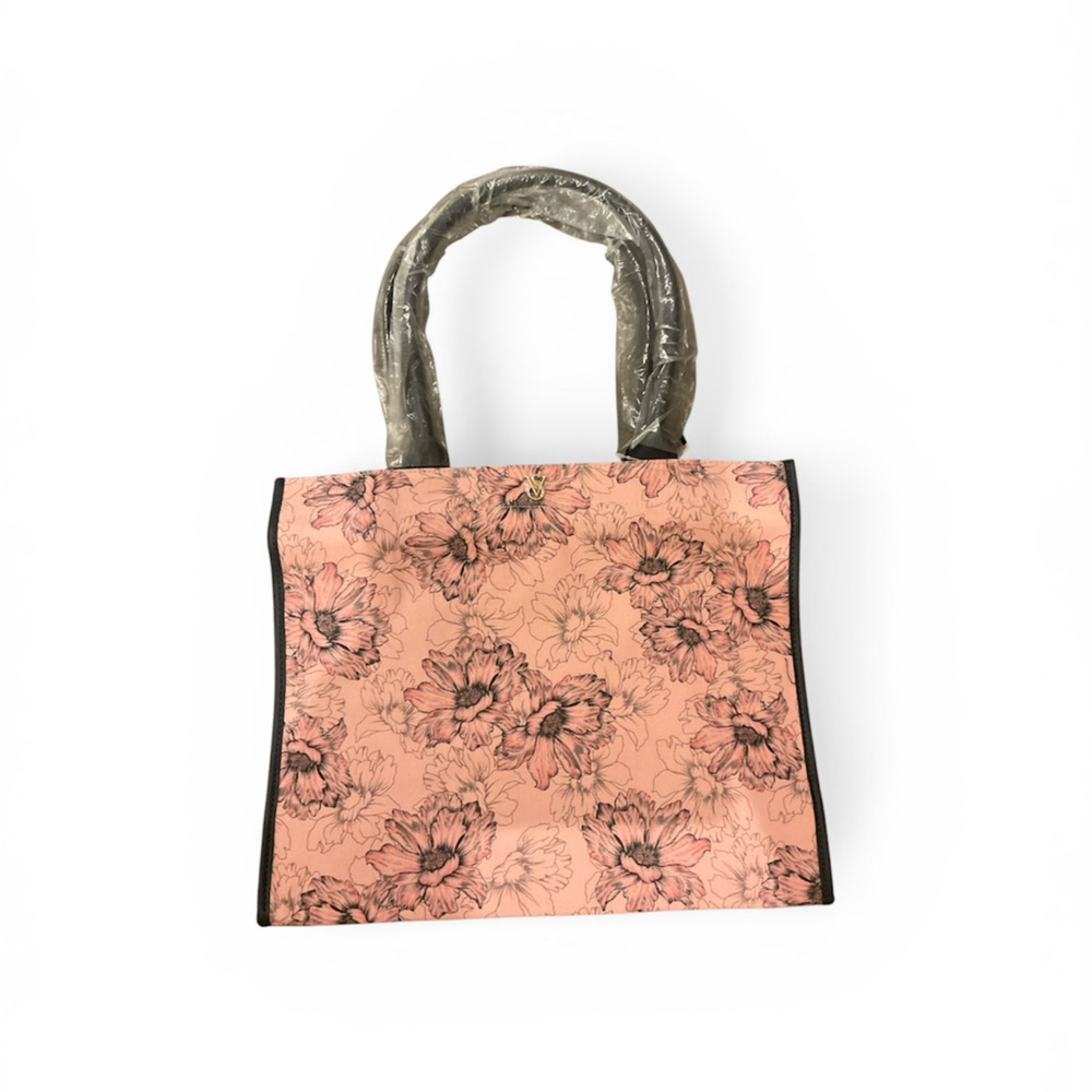 Victoria’s Secret Floral Print Peach Tote Bag with Black Trim